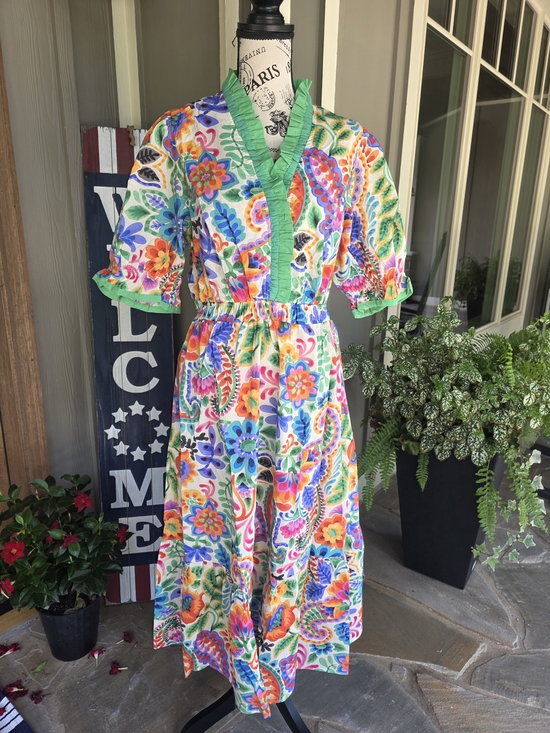 Umgee Dresses & Skirts - Umgee Multicolor Floral Midi Dress with Green Trim-NWT